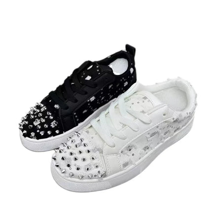 Handcrafted Custom-Made Sequined Rivet Casual Shoes, White Large-Sized Low-Top Lace-Up Sports Shoes 36-44