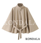 Women Fall Winter Elegant Blended Belt Coat Cape Style Stand-Collar Cloak Coat KONDALA 2026 Trendy Vintage Casual Chic Lady Coat