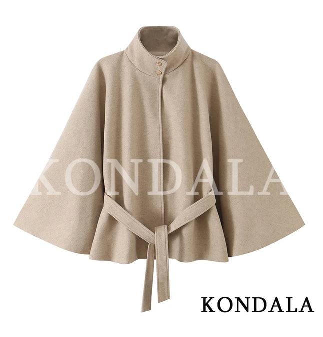 Women Fall Winter Elegant Blended Belt Coat Cape Style Stand-Collar Cloak Coat KONDALA 2026 Trendy Vintage Casual Chic Lady Coat