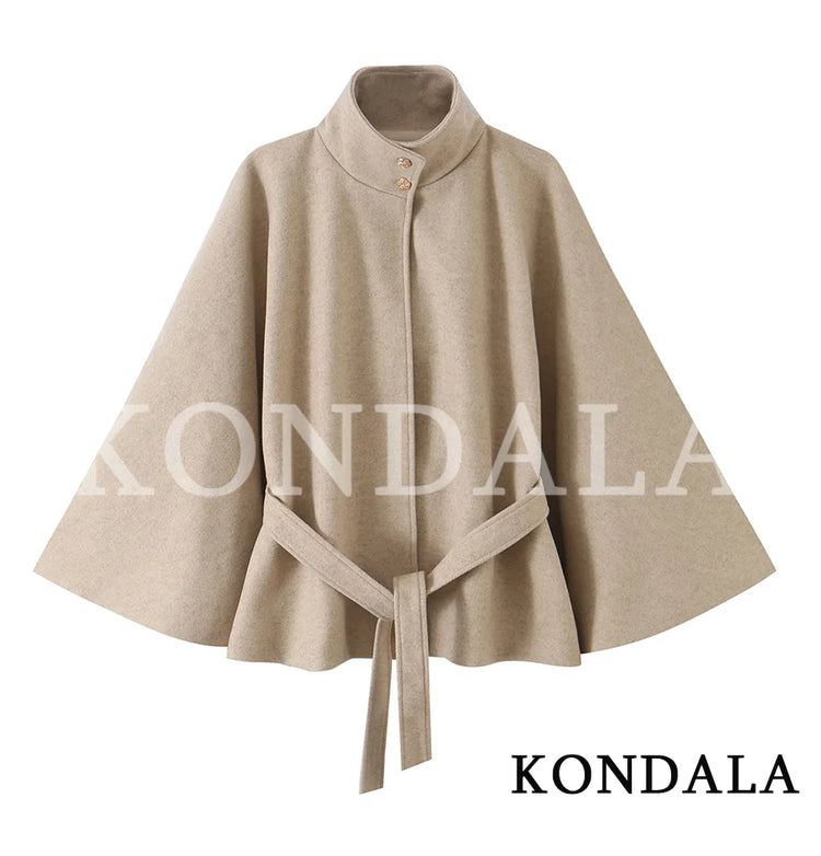 Women Fall Winter Elegant Blended Belt Coat Cape Style Stand-Collar Cloak Coat KONDALA 2026 Trendy Vintage Casual Chic Lady Coat