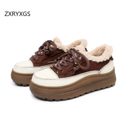 ZXRYXGS 2025 Top Layer Cowhide Women's Winter Sneakers Warm Shoes Platform Increase Shoes Casual Sneakers Snow Shoes Large Size