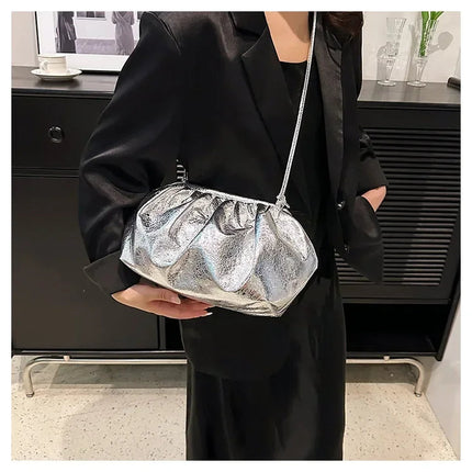Small Luxury Design Women's Leather Silver Cloud Bag Female Gold Crossbody Bag Ladies Party Clutch Purse Female Handbags PlatiNum
