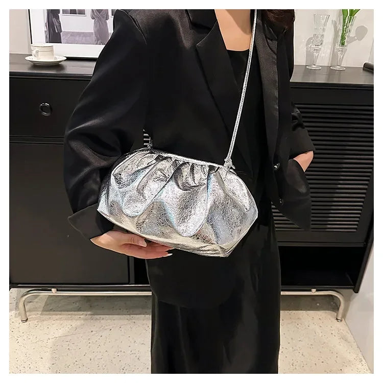 Small Luxury Design Women's Leather Silver Cloud Bag Female Gold Crossbody Bag Ladies Party Clutch Purse Female Handbags PlatiNum