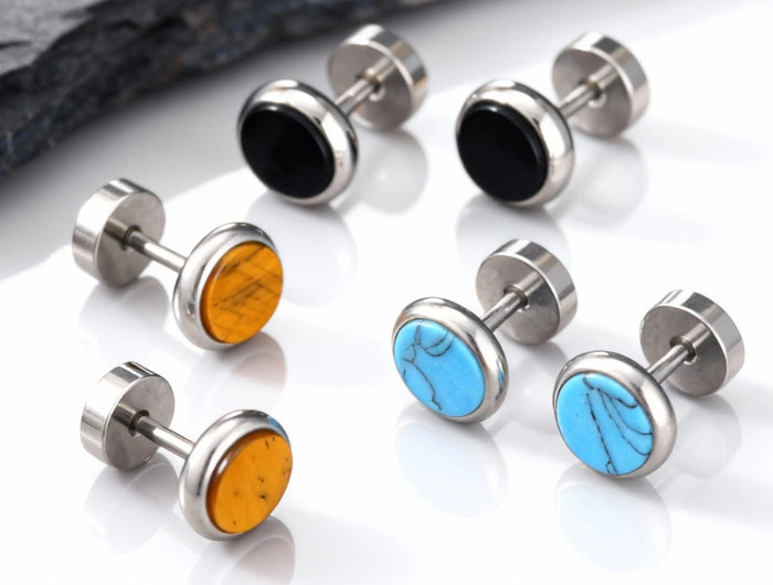 Piccoli orecchini rotondi in pietra naturale per uomo, orecchini a bottone in acciaio inossidabile ipoallergenici, regalo di gioielli di moda hip hop platinumshop