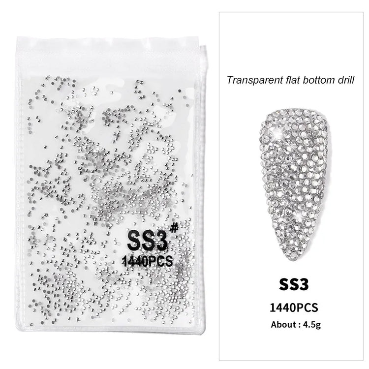 1440pcs Nail Clear/AB Glass Strass FlatBack Crystal Rhinestone (SS3-SS20)3D Nail Gem Stones Non-HotFix Nail Rhinestone 1.3-4.8mm