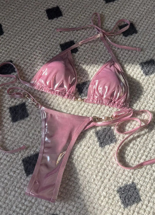 Micro Bikini Rosa Lucido da Donna, Sexy con Perle in PU, Push-Up, Perizoma, Costume da Bagno Estivo, con Lacci, per Vacanze PlatiNum