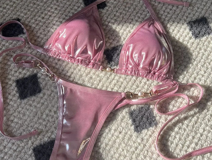 Micro Bikini Rosa Lucido da Donna, Sexy con Perle in PU, Push-Up, Perizoma, Costume da Bagno Estivo, con Lacci, per Vacanze PlatiNum