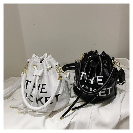 Spring New Fashion Letter PU Leather Bucket Bag Women Simple City Style Shoulder Handbag Trendy Crossbody Satchel Handbag PlatiNum
