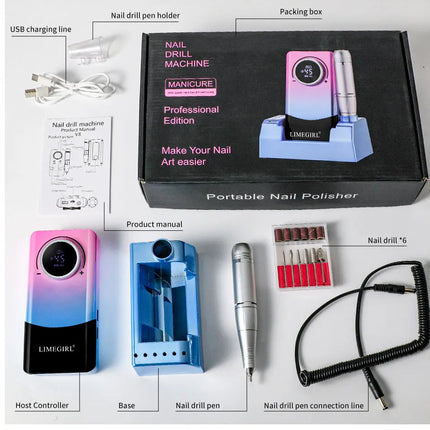 LIMEGIRL Portable Electric Nail Drill File 45000 RPM Rechargeable Electric Nail File Machine Kit for Acrylic Gel Nails Polishing Removing
