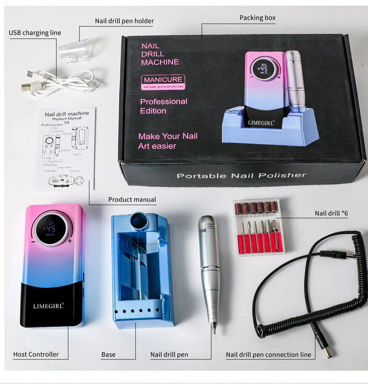 LIMEGIRL Portable Electric Nail Drill File 45000 RPM Rechargeable Electric Nail File Machine Kit for Acrylic Gel Nails Polishing Removing