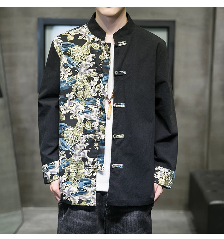 Camicie da uomo ricamate 2026 primavera stile cinese retrò colletto alla coreana giacca in cotone e lino cardigan da uomo Kungfu allentato casual Top