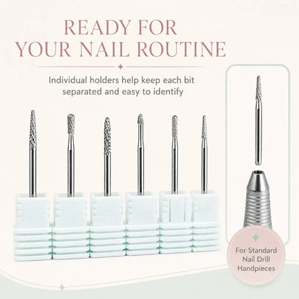 6PCS Tungsten Carbide Nail Drill Bit Set for Cuticle Prep, Professional Manicure Bits for Sidewalls, Dead Skin and Nail Surface Cleaning, with Individual Storage Bases, Salon Nail Art Tools