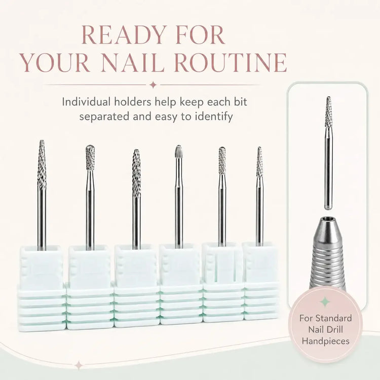 6PCS Tungsten Carbide Nail Drill Bit Set for Cuticle Prep, Professional Manicure Bits for Sidewalls, Dead Skin and Nail Surface Cleaning, with Individual Storage Bases, Salon Nail Art Tools