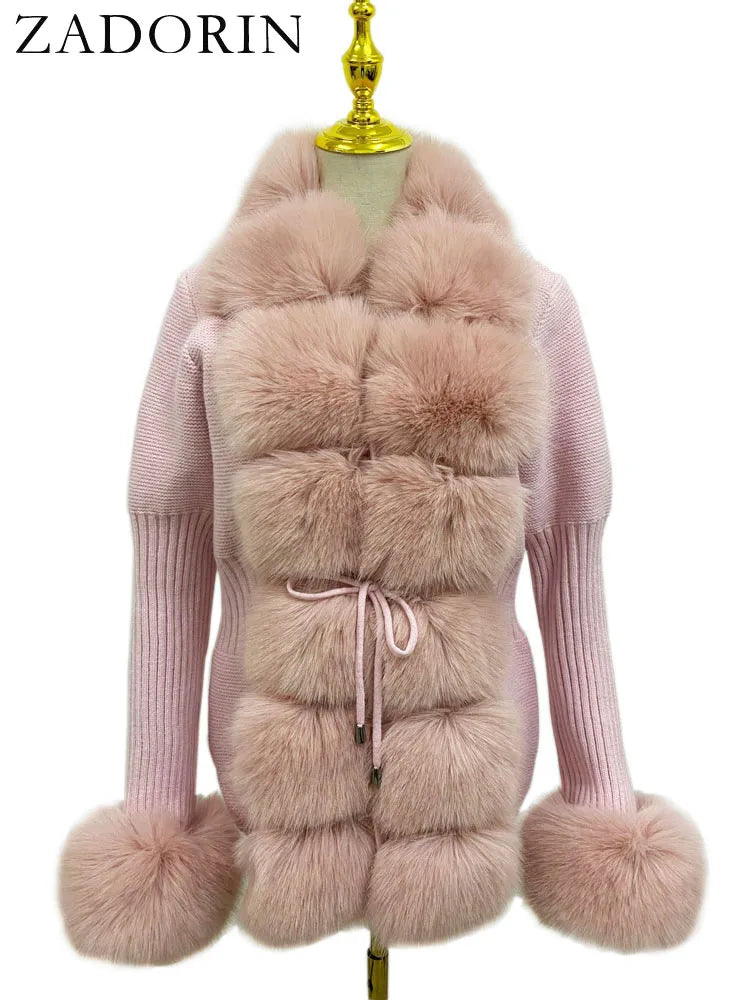 ZADORIN Luxury Fur Cardigan Knit Winter Sweater Women Elegant Detachable Fur Belt White Pink Black Womens Cardigan Korea Style
