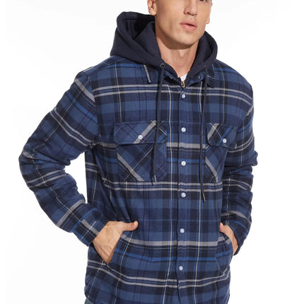 TACVASEN Men's Flannel Shirt Jacket with Removable Hood Plaid Quilted Lined Winter Coats Thick Hoodie Outwear Man Fleece Shirts