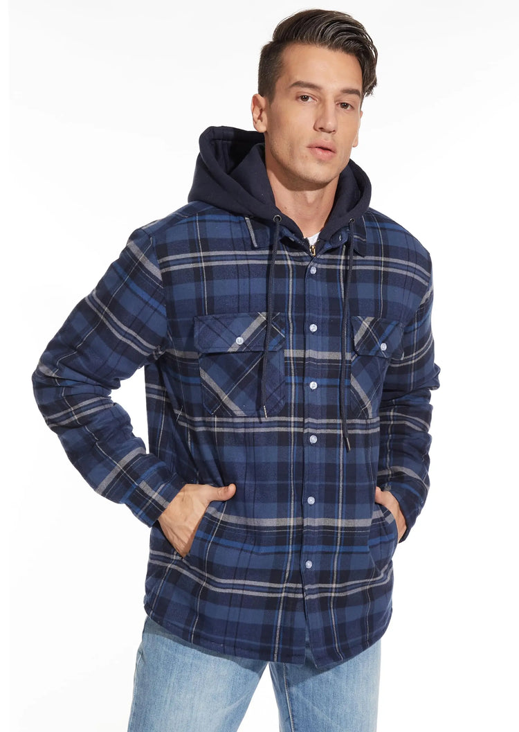 TACVASEN Men's Flannel Shirt Jacket with Removable Hood Plaid Quilted Lined Winter Coats Thick Hoodie Outwear Man Fleece Shirts