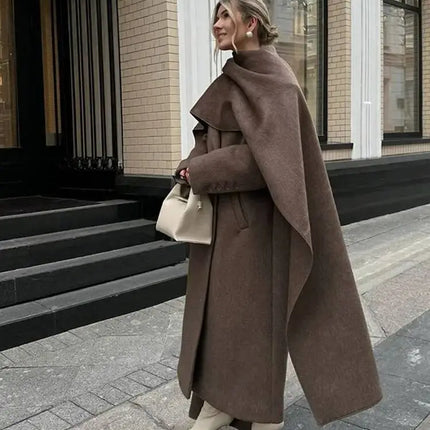 Elegant Big Scarf Collar Women's Coat Fashion Double Breasted Pockets Overcoats 2026 Autumn New High Street Oversize Outerwears