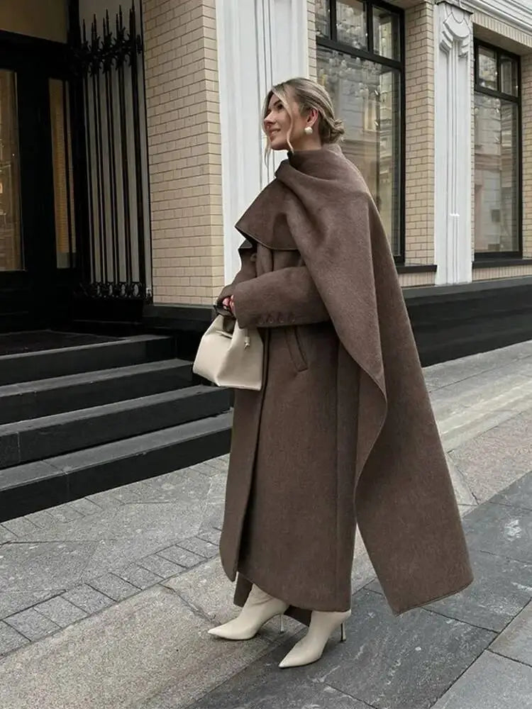 Elegant Big Scarf Collar Women's Coat Fashion Double Breasted Pockets Overcoats 2026 Autumn New High Street Oversize Outerwears