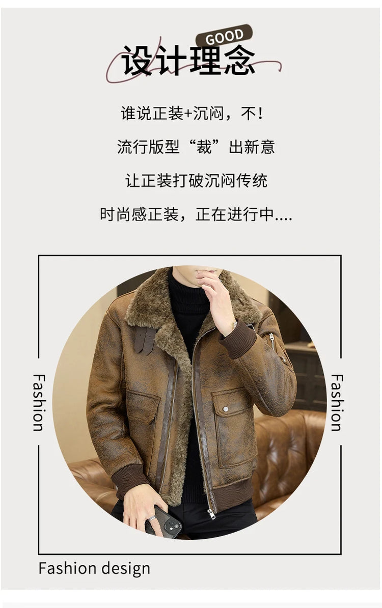 2025 Winter Fur Integrated Leather Jacket Men Thick Velvet Imitation Fur Leather Coat Loose Motorcycle Coat Casual Streetwear