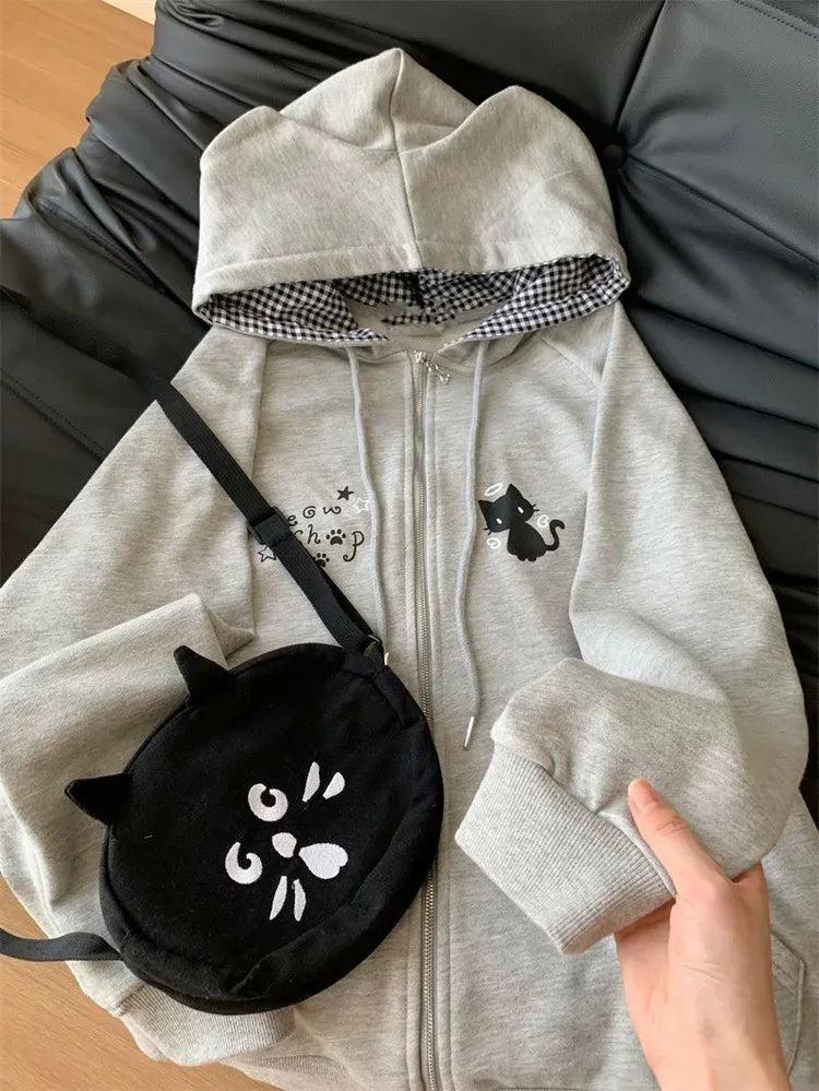 Ropa Mujer Japanese Cute Hoodies Coats Cute Cat Print Hooded Sweatshirts Y2K Tops Women Clothing Casual Zipper Loose Hoodie