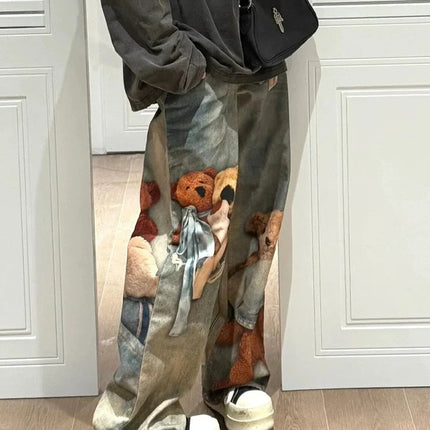 Jeans Y2K con Stampa Orsetto, Pantaloni a Gamba Larga Stile Vintage alla Moda per Donna, Primavera Autunno