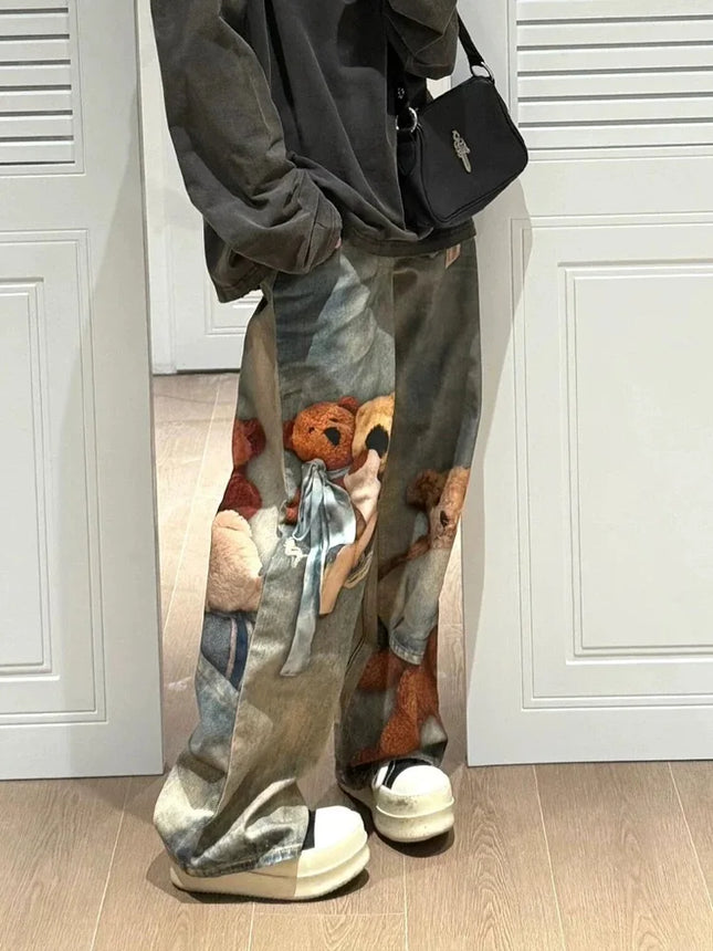 Y2K Bear Print Jeans, Trendy Vintage Style Wide Leg Pants for Women, Spring Autumn