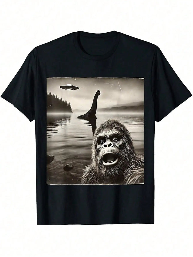 Big-Foot Selfie With Loch Ness Monste And UFO Aliens Graphic T-Shirt, Men's Graphic T Shirts PlatiNum
