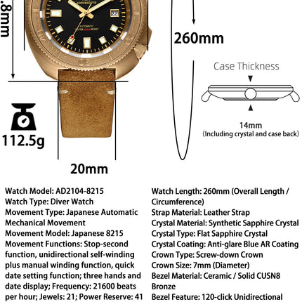 ADDIESDIVE Automatic Watch Men Luxury Bronze Watches Sapphire Super C3 Luminous 200m Waterproof Dive 8215 Mechanical Wristwatch