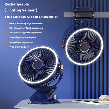 Ventilatore Portatile con Clip e Luci LED, 3 Velocità Regolabili, Silenzioso, da Scrivania, per Casa, Camera da Letto e Campeggio