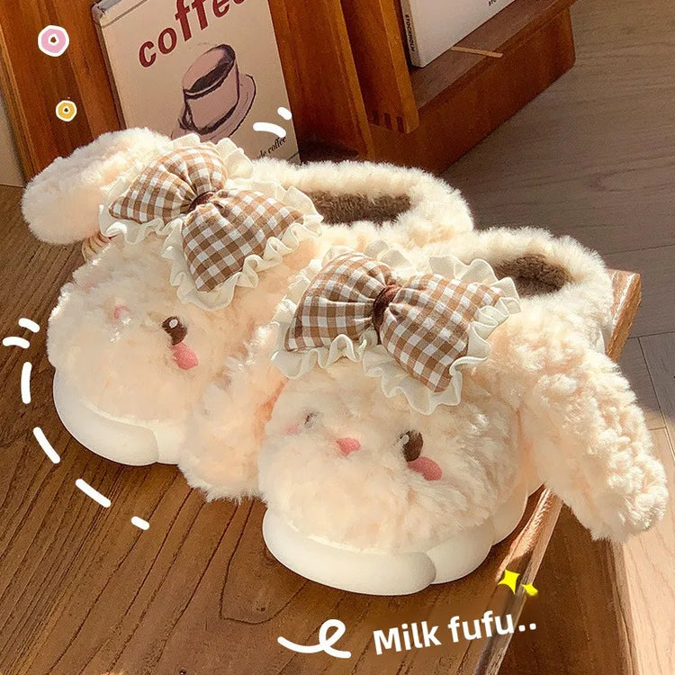 2026 New Women's Cotton Bow Bunny Slippers Winter Indoor Home Warm Household Wool Cotton Shoes Women Wear Indoor Winte