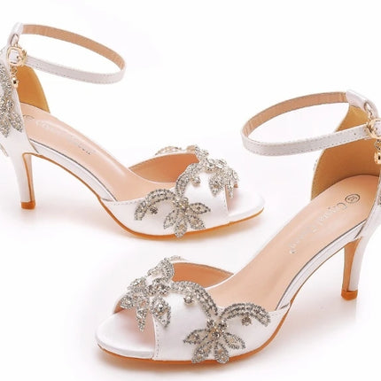 Sandalias de mujer de calidad femenina con diamantes de imitación de PU, tacón delgado de 7 cm, correa de hebilla, zapatos de vestir de estilo coreano para mujer, azul cielo maduro
