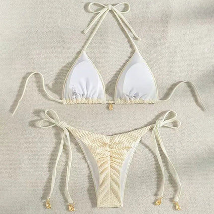 Nuovo Bikini Halter Testurizzato 2026 da Donna, Set Bikini a Triangolo a 2 Pezzi, Costume da Bagno Sexy a Taglio Alto con Laccetti Laterali PlatiNum