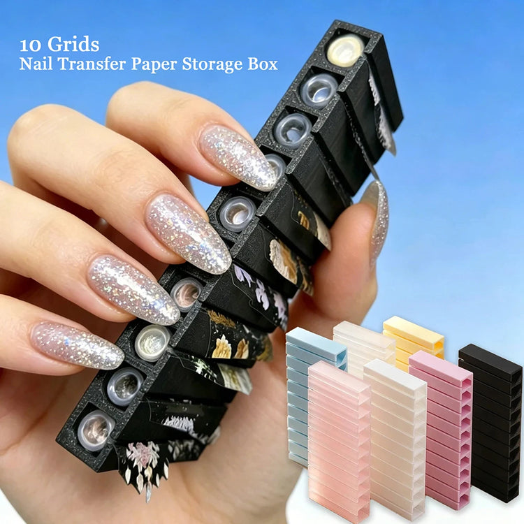 10 Grids Nail Transfer Paper Storage Box 3D Printing Portable Organizer Case for Nail Art Stickers Decals, Desk Shelf Home Salon