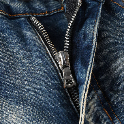 Men Pale Light Blue Biker Jeans Cracked Pleated Patch Patchwork Stretch Denim Pants Streetwear Holes Ripped Skinny Trousers PlatiNum