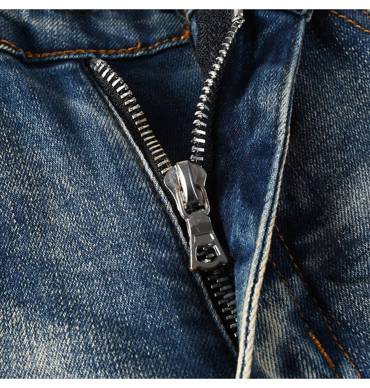 Men Pale Light Blue Biker Jeans Cracked Pleated Patch Patchwork Stretch Denim Pants Streetwear Holes Ripped Skinny Trousers PlatiNum