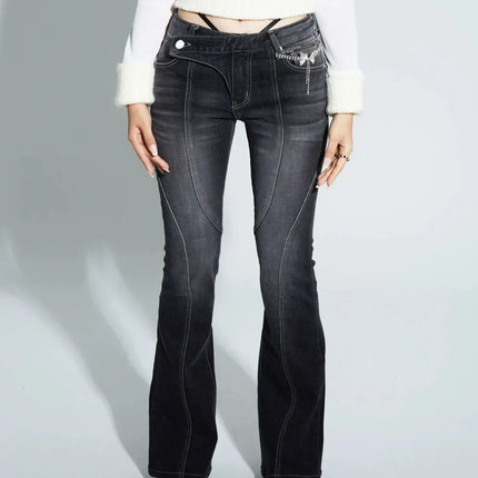 Karrram Vintage Distressed Low Waist Jeans Grunge Asymmetrical Waist Denim Pant Korean Fashion Black Flare Jeans Kpop Streetwear