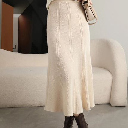 Grace Women's Skirt 100% Merino Wool Skirt Hip Hugging A-Line Wave Skirt Knitted Warm Autumn Winter Dress Slim Office Lady Skirt PlatiNum