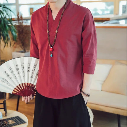 Kimono da uomo in stile giapponese corto a mezza manica in cotone traspirante camicia da uomo T-shirt giapponese estiva Yukata cardigan lavorato a maglia con piume