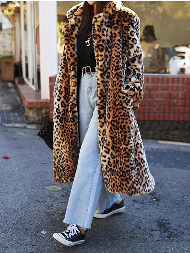 ZADORIN Winter Long Fluffy Leopard Print Jacket Women Lapel Warm Faux Fur Coat Women Korean Fashion Loose Fur Jacket Outerwears