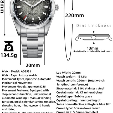 ADDIESDIVE New Men's Watches Mechanical 39mm Bubble Glass Stainless Steel Luminous Luxury Watch 100m Waterproof Automatic Watch