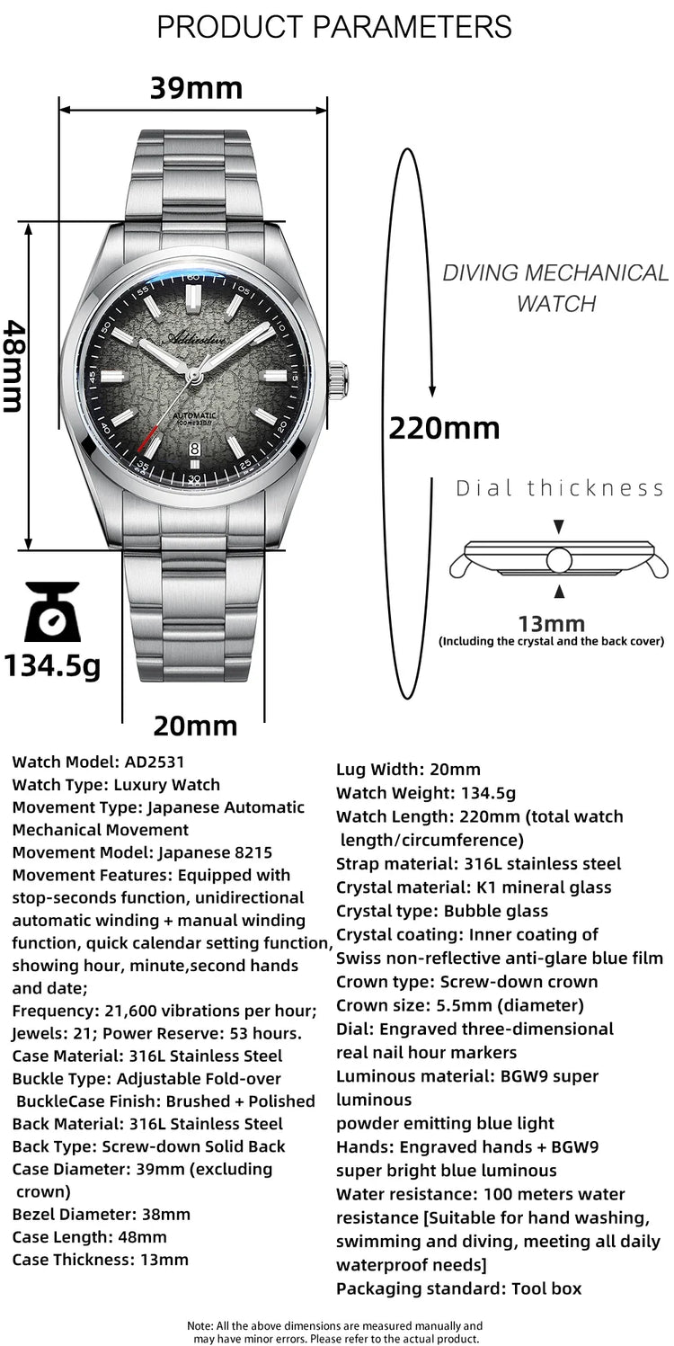 ADDIESDIVE New Men's Watches Mechanical 39mm Bubble Glass Stainless Steel Luminous Luxury Watch 100m Waterproof Automatic Watch