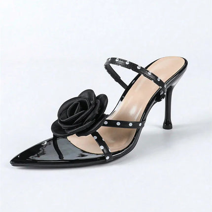 Liyke 2026 New Fashion Polka Dot Sandali con cinturino posteriore Donna Nero a punta aperta Fiori Tacchi alti Scarpe da sera estive