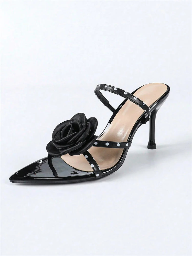 Liyke 2026 New Fashion Polka Dot Sandali con cinturino posteriore Donna Nero a punta aperta Fiori Tacchi alti Scarpe da sera estive