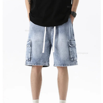 Pantaloncini di jeans alla moda retrò estivi per uomo Jeans corti multitasche larghi con gamba dritta con elastico in vita e coulisse da uomo
