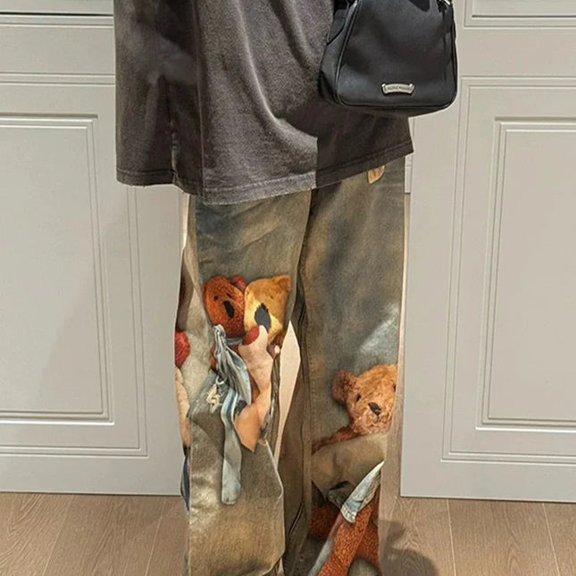 Jeans Y2K con Stampa Orsetto, Pantaloni a Gamba Larga Stile Vintage alla Moda per Donna, Primavera Autunno