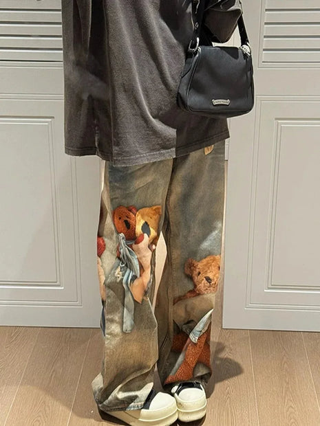 Jeans Y2K con Stampa Orsetto, Pantaloni a Gamba Larga Stile Vintage alla Moda per Donna, Primavera Autunno