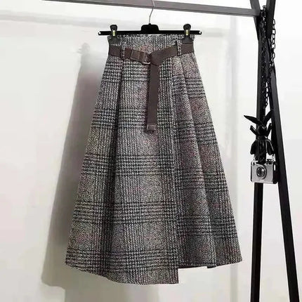 Korean Women Fashion Leisure Plaid Woolen Skirt Autumn Winter New High Waist Mid-Long Irregular Wool Skirts Femme Large Size 4XL PlatiNum