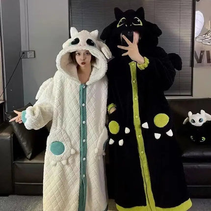 Anime Toothless Boy and Girl Winter Pajama Robe Kawaii Y2K Role-Playing Birthday Gift Thick Coral Velvet Warm Home Clothes Set