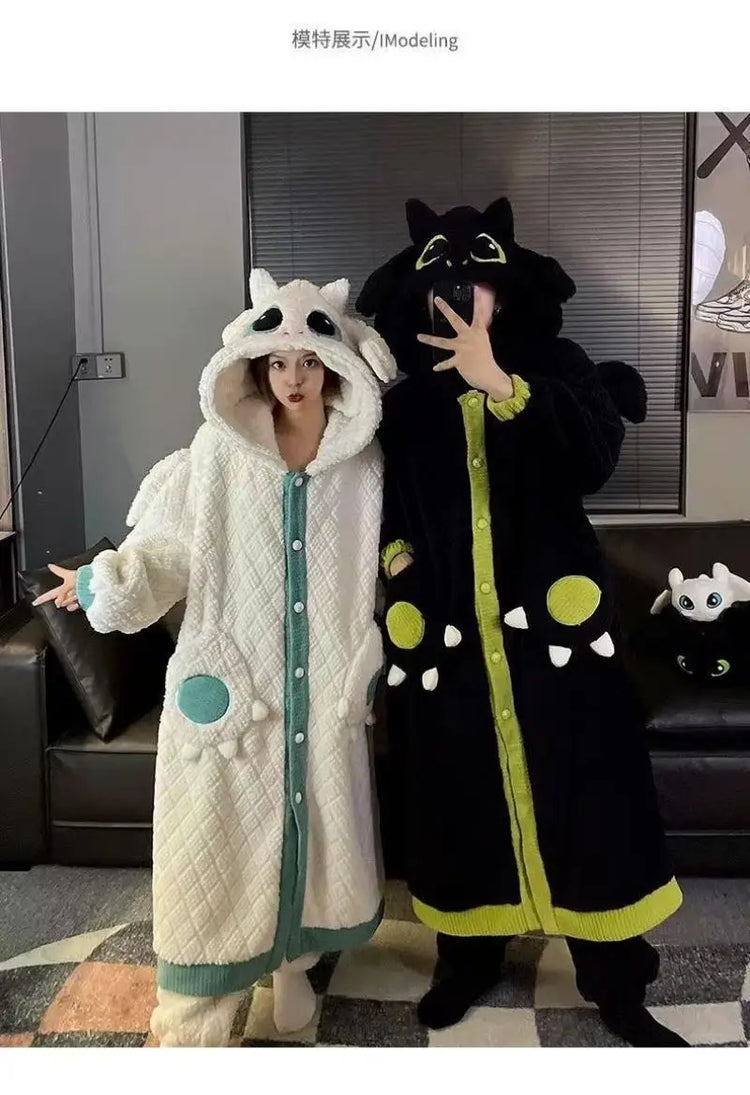 Anime Toothless Boy and Girl Winter Pajama Robe Kawaii Y2K Role-Playing Birthday Gift Thick Coral Velvet Warm Home Clothes Set