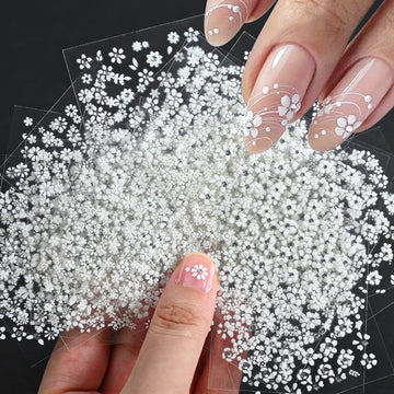 30sheets White Flower Nail Art Stickers 3D Rhinestones Floral Nail Decals 5.5*6.5cm Self Adhesive White Flower Nail Decorations